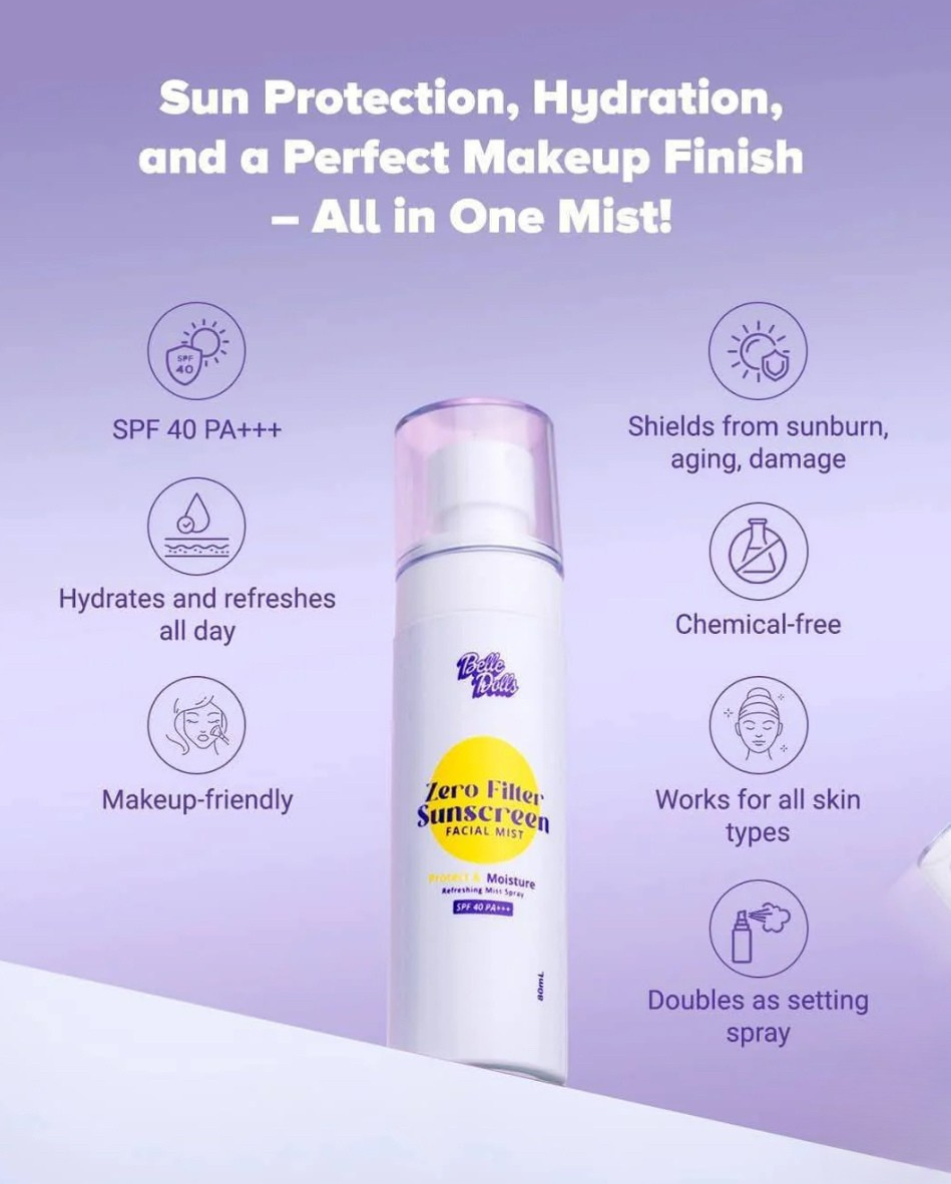 Belle Dolls Zero Filter Lightweight Sunscreen Facial Mist 80ml SPF40