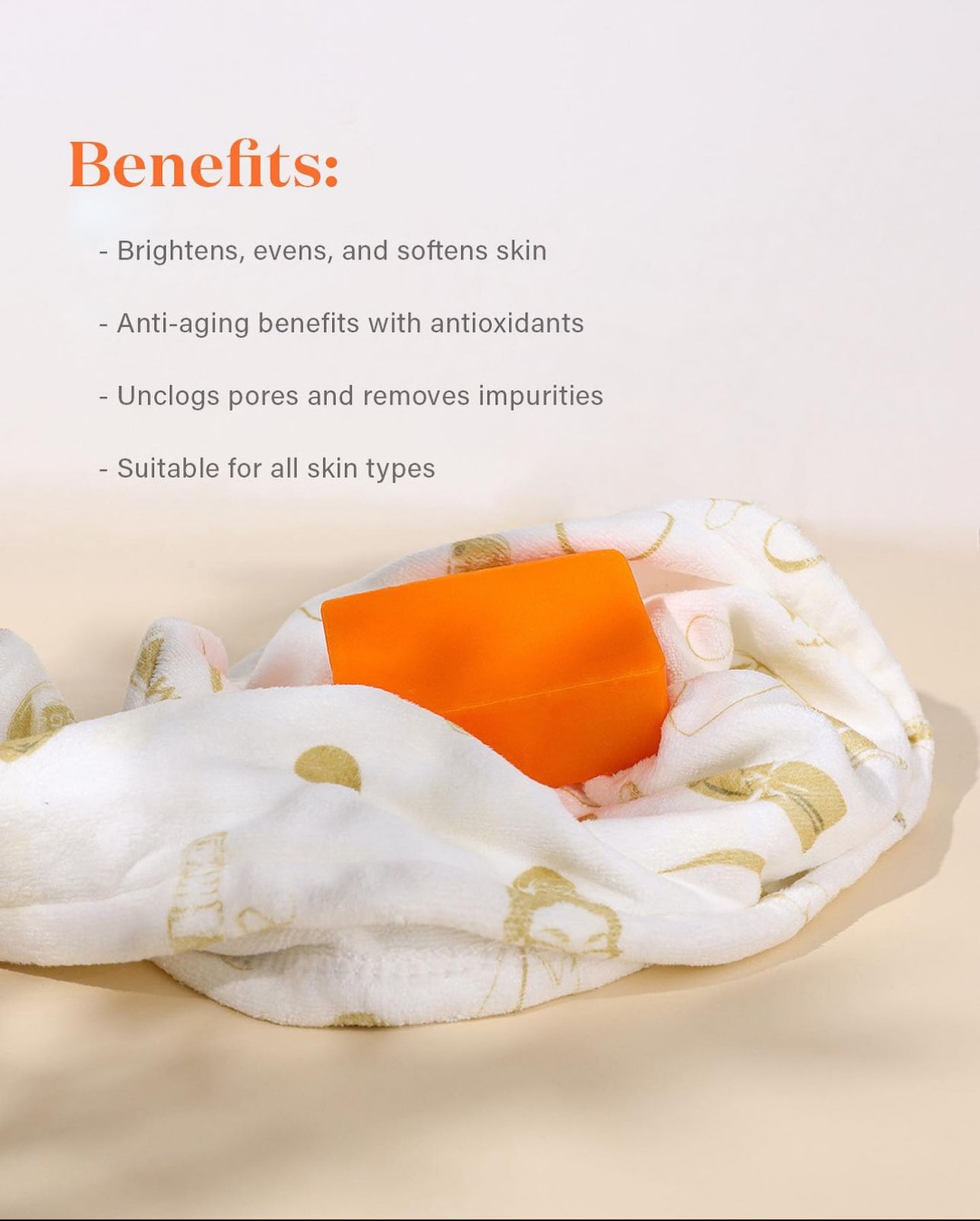 papaine whitening soap is on a white cloth and benefits written in a text form- beautederm whitening soap 