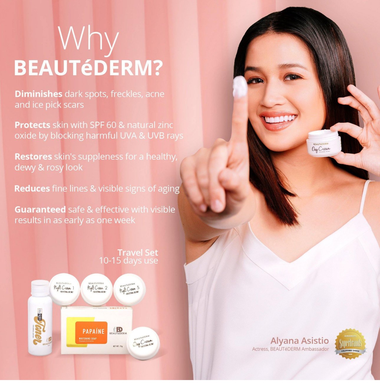 Beautederm travel set and it’s benefits written in text form and Happy customer is displaying a product in her hand - beautederm skincare 