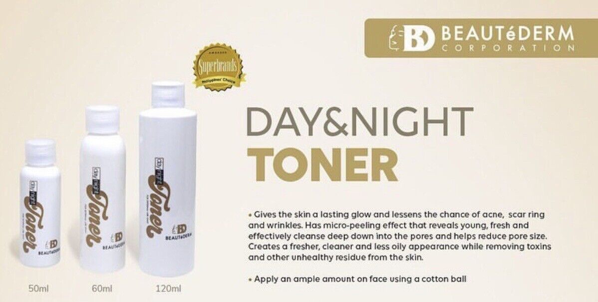 BEAUTEDERM Day & Night Toner  in 3 different sizes - 50ml ,60ml ,120ml  and its benefits described in text.